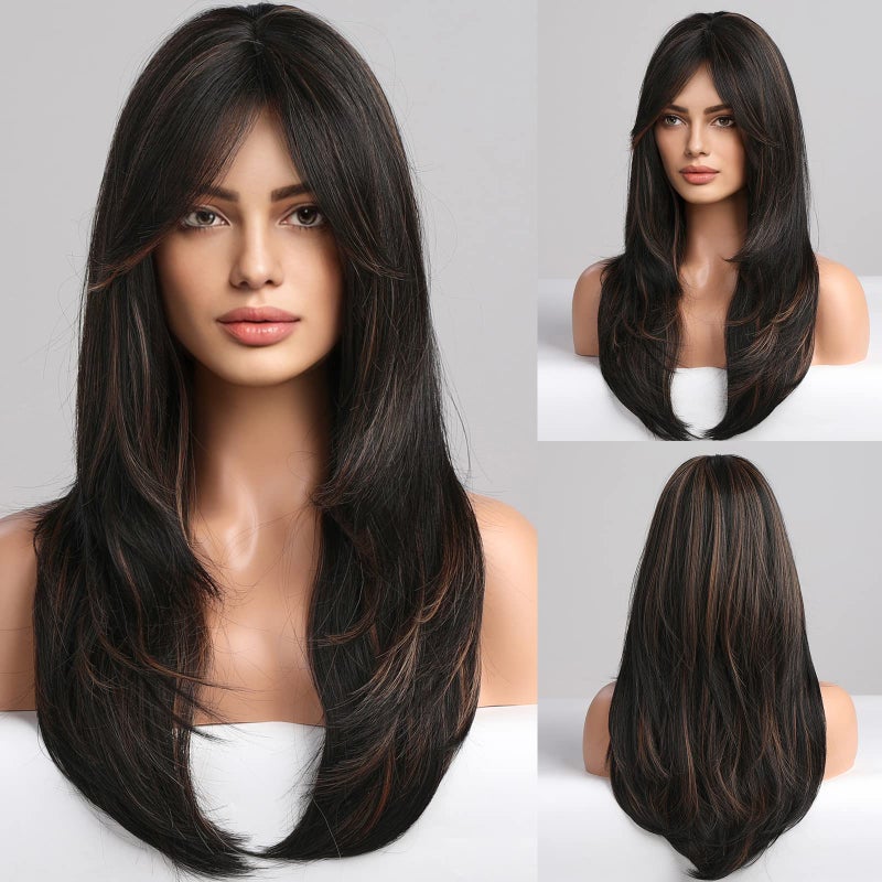Haircube هايركيوب - باروكات سوداء للنساء، طويلة بطبقات سوداء مع خصلات بلوند مميزة مع غرة، باروكات من ألياف صناعية مقاومة للحرارة (pelucas de cabello natural) - Image 1