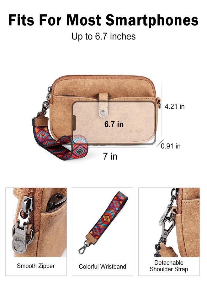 FADEON Slim Wristlet Wallets for Women, Designer Leather RFID Wallet with 3 Zipper Purse for Travel, Camel Brown Nubuck Style - Image 4