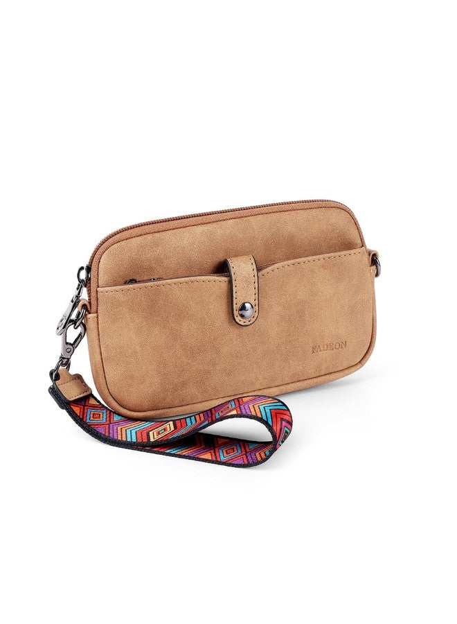 FADEON Slim Wristlet Wallets for Women, Designer Leather RFID Wallet with 3 Zipper Purse for Travel, Camel Brown Nubuck Style - Image 1