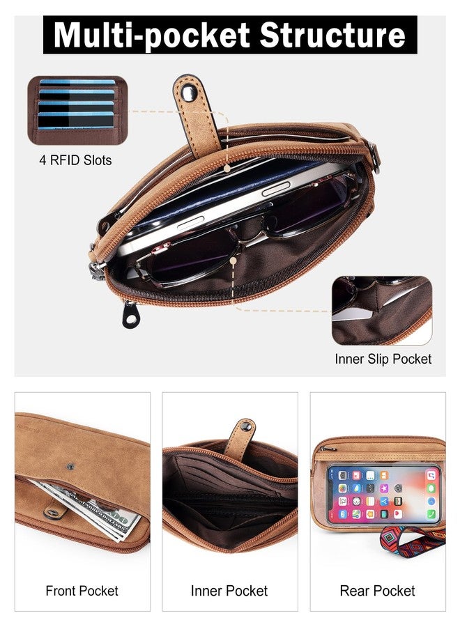 FADEON Slim Wristlet Wallets for Women, Designer Leather RFID Wallet with 3 Zipper Purse for Travel, Camel Brown Nubuck Style - Image 3