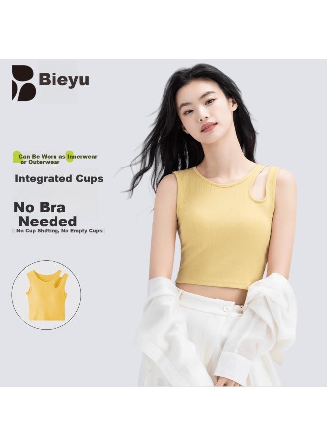 Don't speak Bieyu Hollow Out Camisole With Chest Pad Summer Wear No Bra Integrated Niche Sleeveless Halter Top Yellow S - Image 1