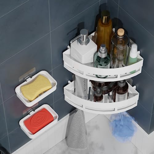 XBEY Bathroom Shelf for Wall, Self-Adhesive Bathroom Organiser with Towel Holder Self Adhesive Triangle Shape Corner Shelf with Magic Sticker Bathroom Hardware (3 Triangle Corner + 3 Soap Dish) - Image 4