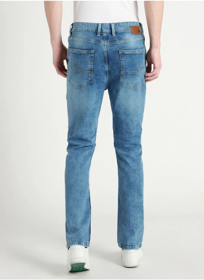 دينيس لينغو Men's Medium Blue 100% Cotton Solid Full Length Straight Fit Jeans