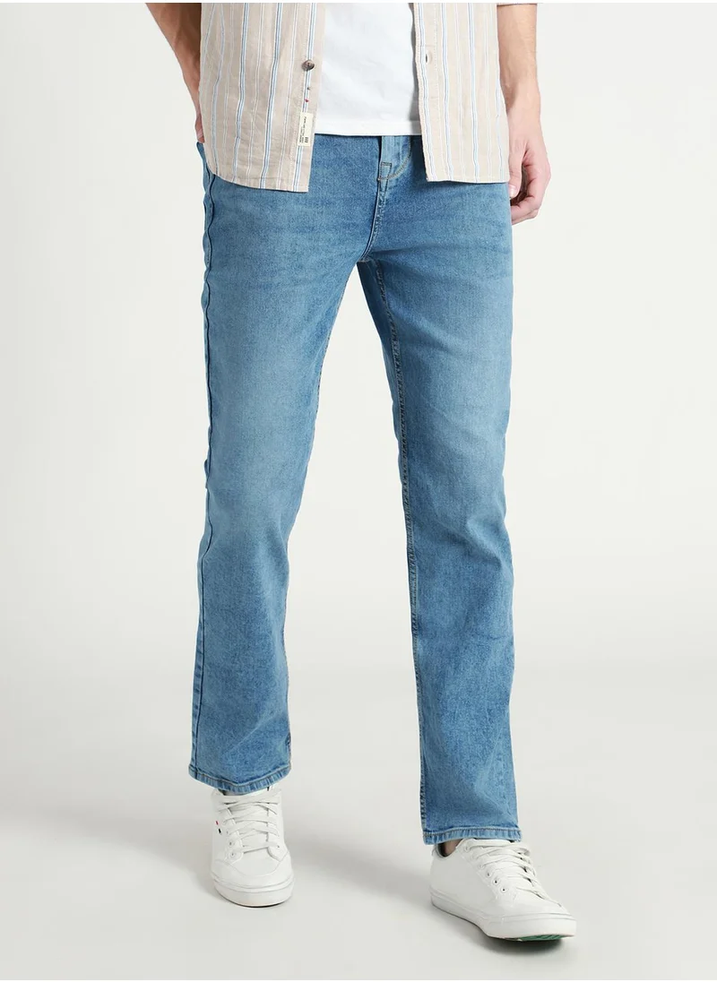 دينيس لينغو Men's Medium Blue 100% Cotton Solid Full Length Straight Fit Jeans