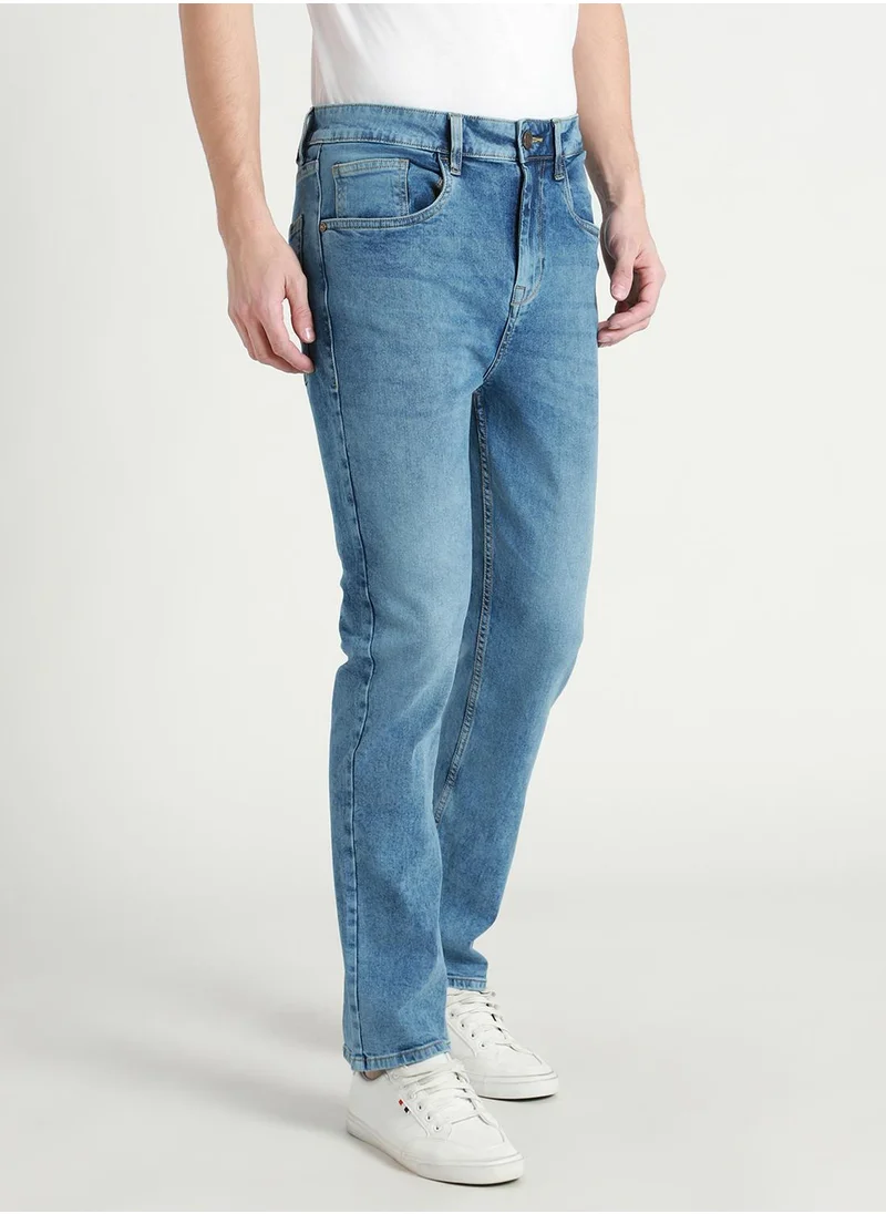 دينيس لينغو Men's Medium Blue 100% Cotton Solid Full Length Straight Fit Jeans
