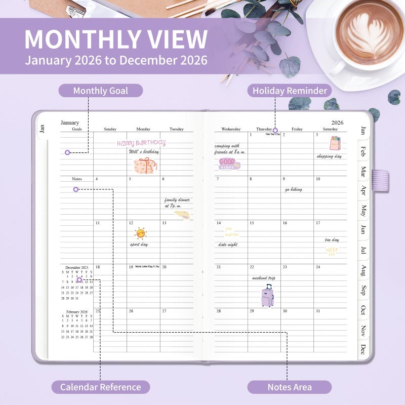 Blugool Planner 2026, Weekly and Monthly Planner with Tabs from Jan 2026 - Dec 2026, A5 Hardcover Academic Calendar with Date for School & Office Schedule, 5.8" x 8.3", Purple - Image 2