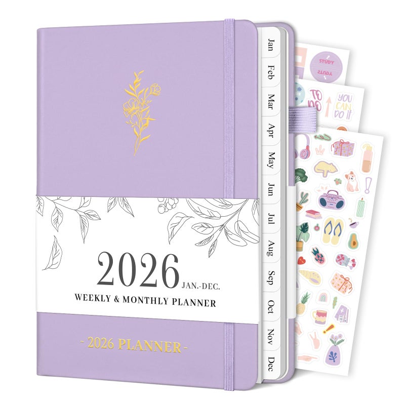 Blugool Planner 2026, Weekly and Monthly Planner with Tabs from Jan 2026 - Dec 2026, A5 Hardcover Academic Calendar with Date for School & Office Schedule, 5.8" x 8.3", Purple - Image 1