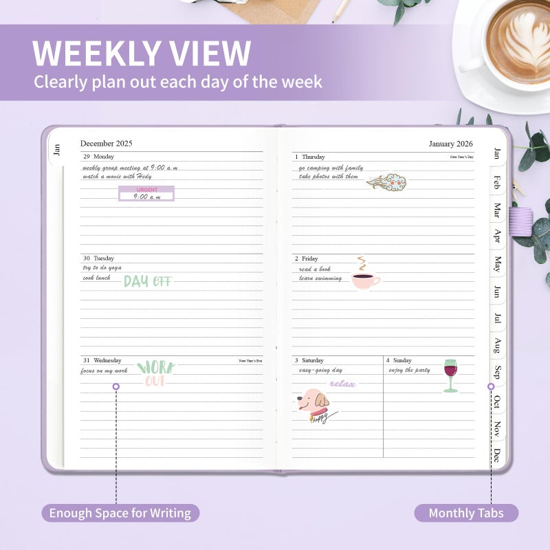 Blugool Planner 2026, Weekly and Monthly Planner with Tabs from Jan 2026 - Dec 2026, A5 Hardcover Academic Calendar with Date for School & Office Schedule, 5.8" x 8.3", Purple - Image 3