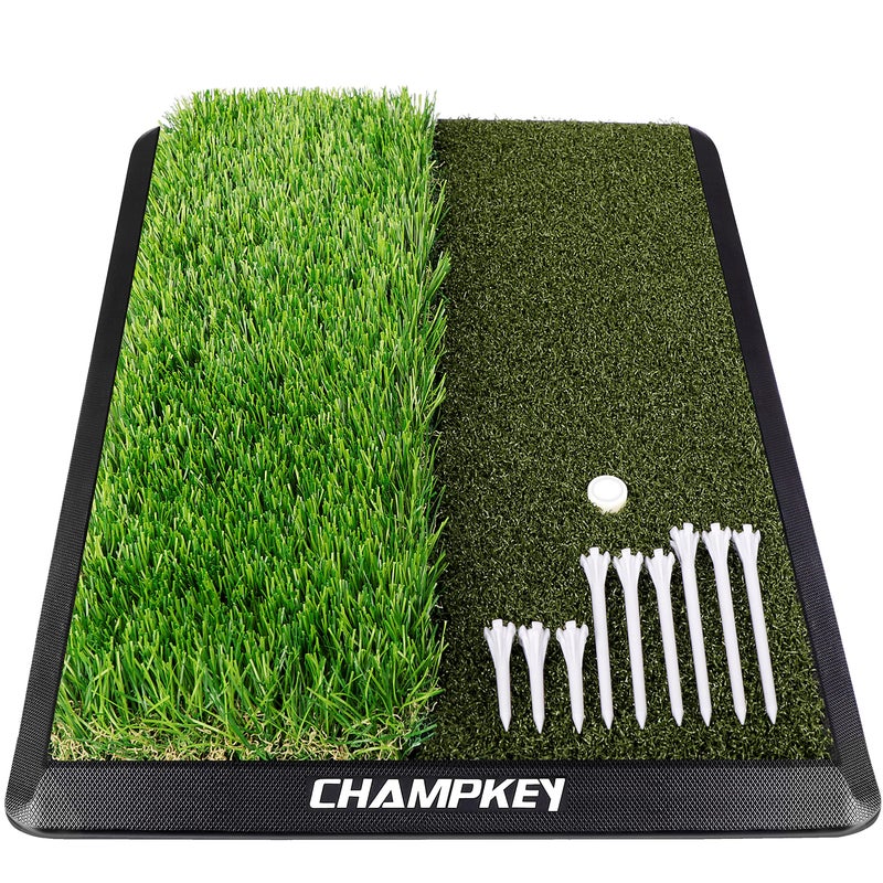 حصيرة جولف CHAMPKEY DualTurf مع 9 تي جولف و 1 تي مطاطي قاعدة مطاطية ثقيلة للحصيرة مثالية للتدريب الداخلي والخارجي 13x17 نسخة PRO
