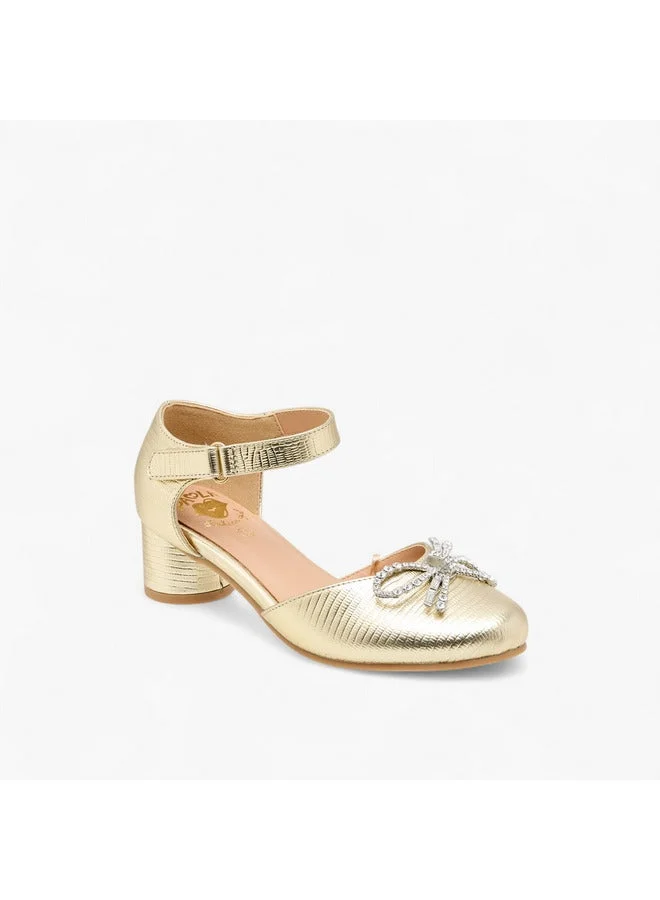 Pablosky Girls' Bow Embellished Block Heeled Sandals with Hook and Loop Closure