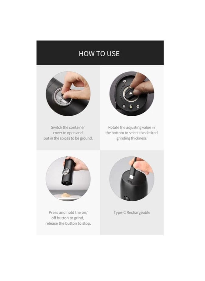 بيوينتي Liying Rechargeable Electric Salt and Pepper Mills Set with Storage Base, Adjustable Coarseness, 16.3cm Height, Black  - Image 4