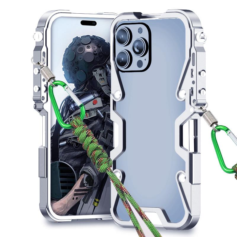 erorex For iPhone 13 Pro Max Trigger Design Hollow Metal Frame Phone Case with Lanyard(Silver) - Image 1