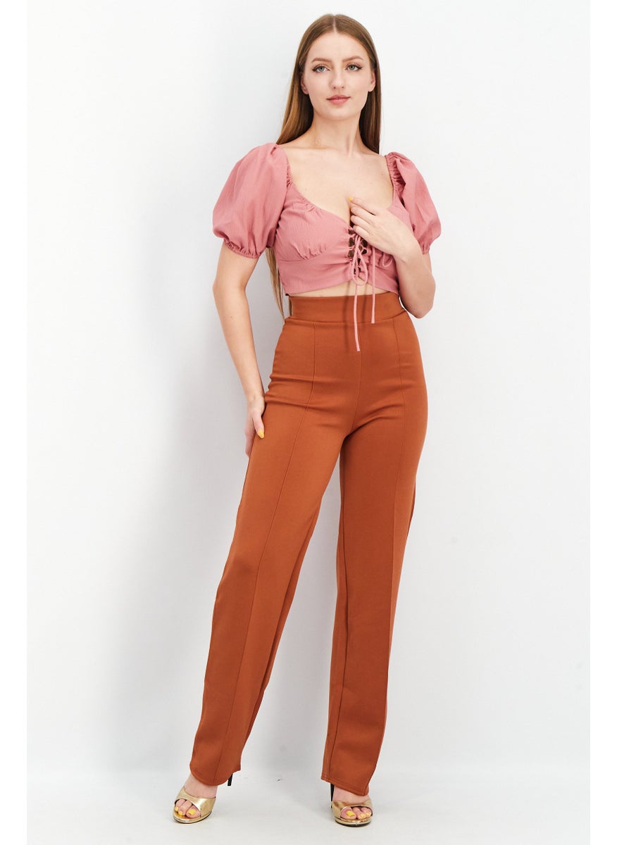 SkyLar Rose Women Scoop Neck Puff Sleeves Shirred Crop Top, Pink  - Image 4