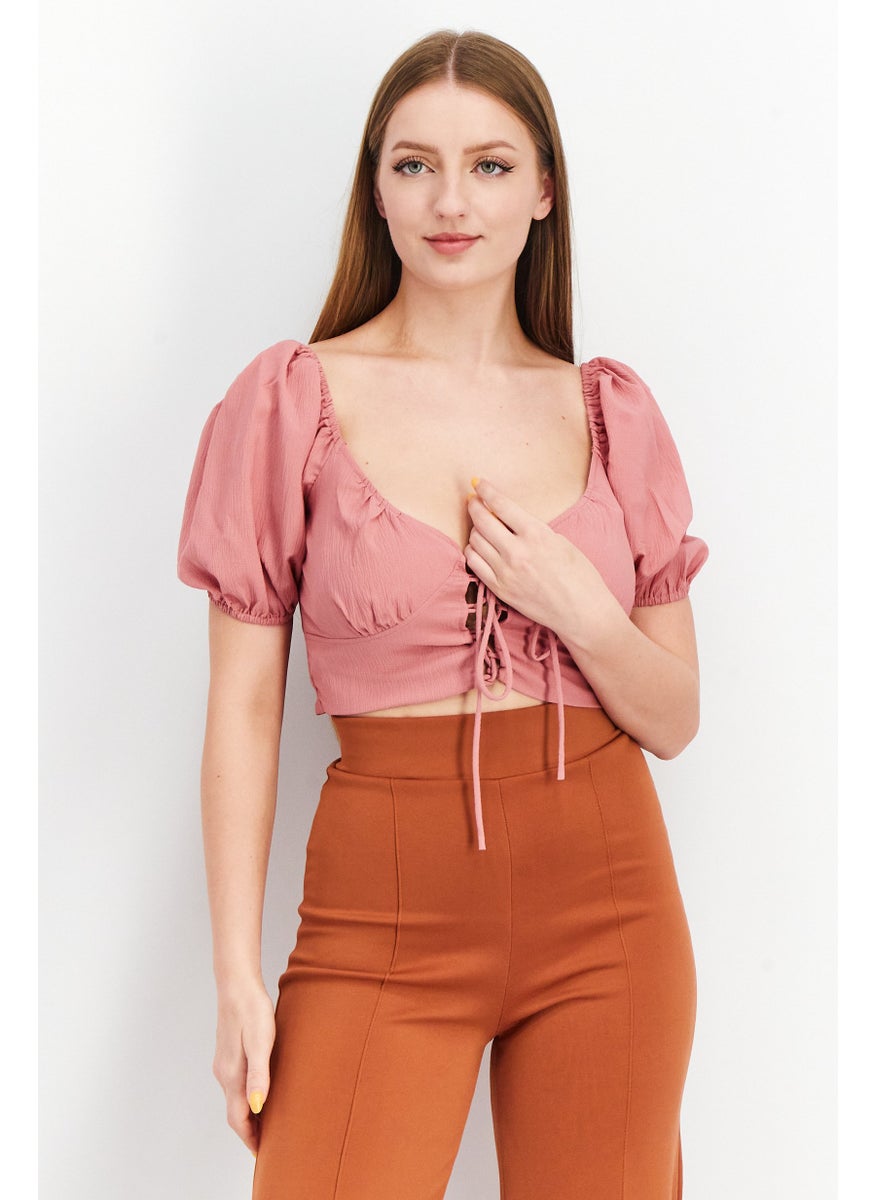 SkyLar Rose Women Scoop Neck Puff Sleeves Shirred Crop Top, Pink  - Image 1