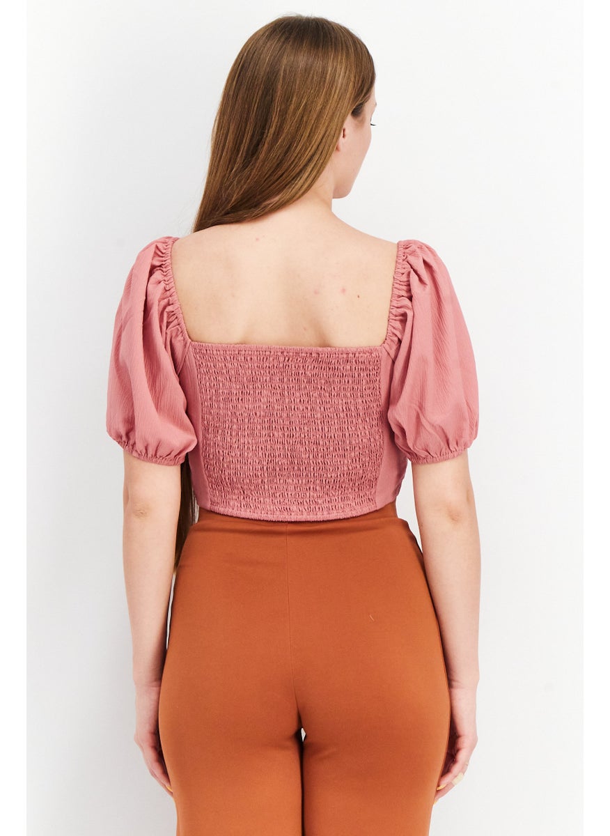SkyLar Rose Women Scoop Neck Puff Sleeves Shirred Crop Top, Pink  - Image 2
