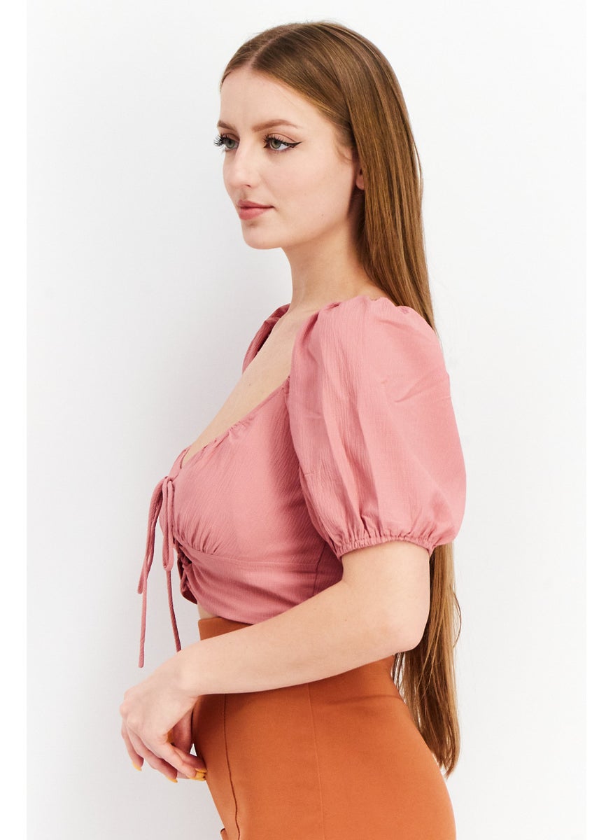 SkyLar Rose Women Scoop Neck Puff Sleeves Shirred Crop Top, Pink  - Image 3