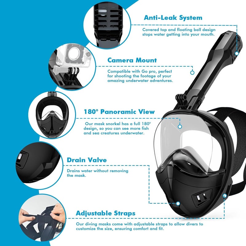 Full Face Snorkel Mask, Snorkeling Gear for Adults Kids with Latest Dry Top Breathing System and Detachable Camera Mount, with 180 Degree Panoramic View - Image 4
