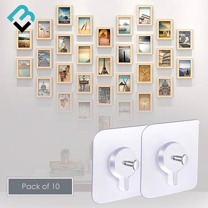 BRAND VILLA BRAND VILLA Photo Frame Wall Hooks Without Drilling Self Adhesive Stainless Steel Hooks for Wall Heavy Duty Strong Nail Free for Hanging Photo Frame Home Improvement Utility Hooks Pack 10  - Image 2