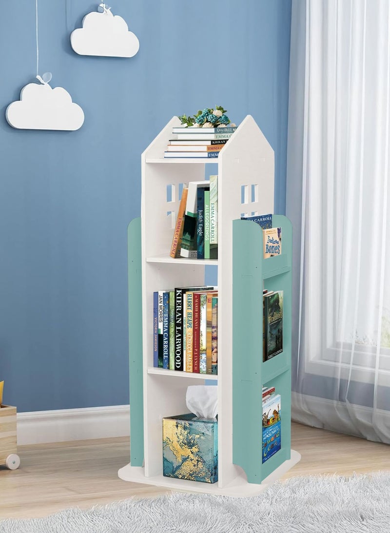 والالا رف كتب دوار بأربعة أربطة، تخزين كتب للأطفال بزاوية 360 درجة، رف كتب على شكل منزل، تخزين كتب قائم على الأرض، رف تخزين متعدد الأغراض، رف عرض منزلي - Image 1