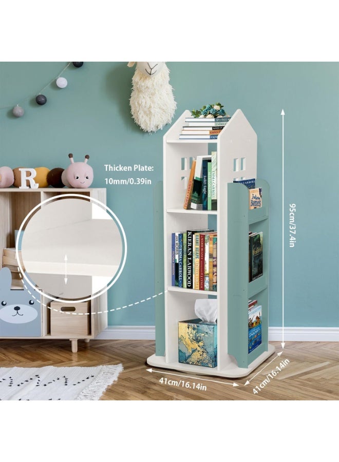 والالا رف كتب دوار بأربعة أربطة، تخزين كتب للأطفال بزاوية 360 درجة، رف كتب على شكل منزل، تخزين كتب قائم على الأرض، رف تخزين متعدد الأغراض، رف عرض منزلي - Image 5