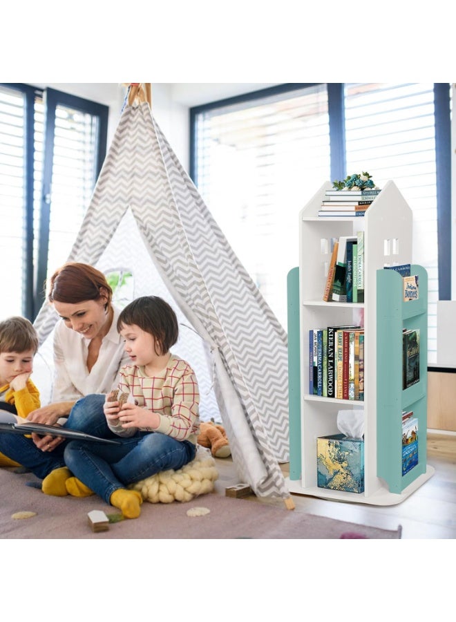 والالا رف كتب دوار بأربعة أربطة، تخزين كتب للأطفال بزاوية 360 درجة، رف كتب على شكل منزل، تخزين كتب قائم على الأرض، رف تخزين متعدد الأغراض، رف عرض منزلي - Image 4
