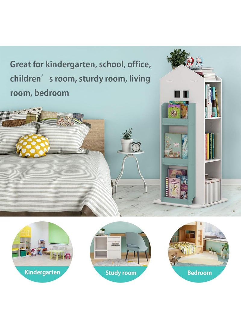 والالا رف كتب دوار بأربعة أربطة، تخزين كتب للأطفال بزاوية 360 درجة، رف كتب على شكل منزل، تخزين كتب قائم على الأرض، رف تخزين متعدد الأغراض، رف عرض منزلي - Image 3