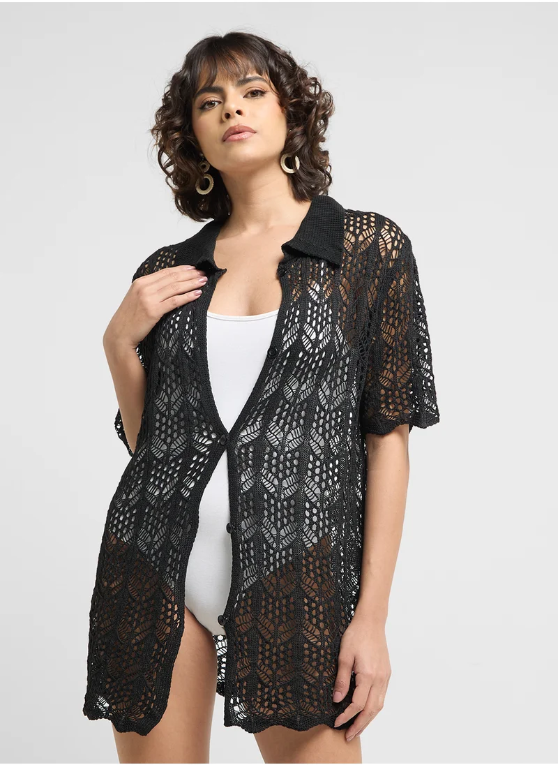 جينجر Crotchet Beach Cover Up Shirt