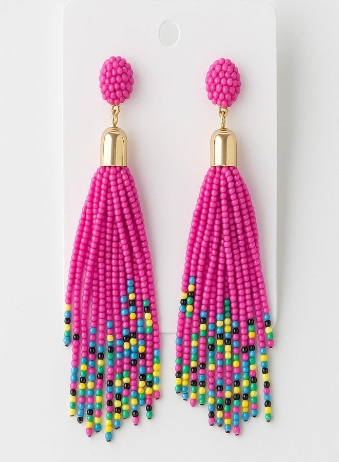MADARKS Handmade Beaded Tassel Earrings for Women - Lightweight Boho Dangle Earrings with- Ethnic Fashion Jewelry (Pink) - Image 5