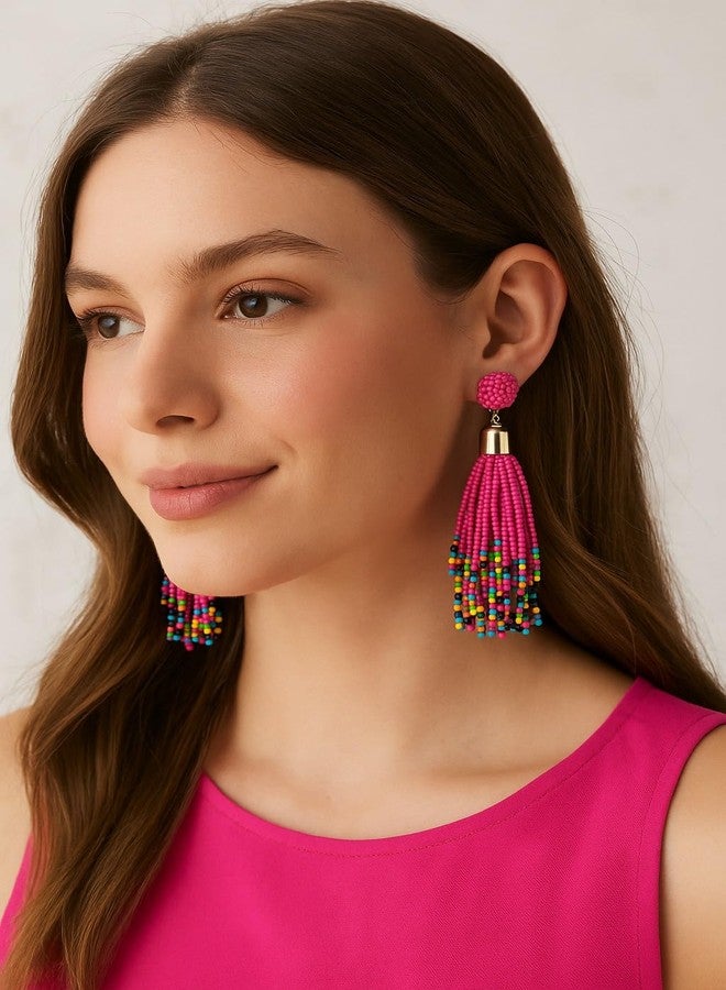 MADARKS Handmade Beaded Tassel Earrings for Women - Lightweight Boho Dangle Earrings with- Ethnic Fashion Jewelry (Pink) - Image 3
