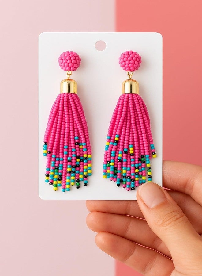 MADARKS Handmade Beaded Tassel Earrings for Women - Lightweight Boho Dangle Earrings with- Ethnic Fashion Jewelry (Pink) - Image 4