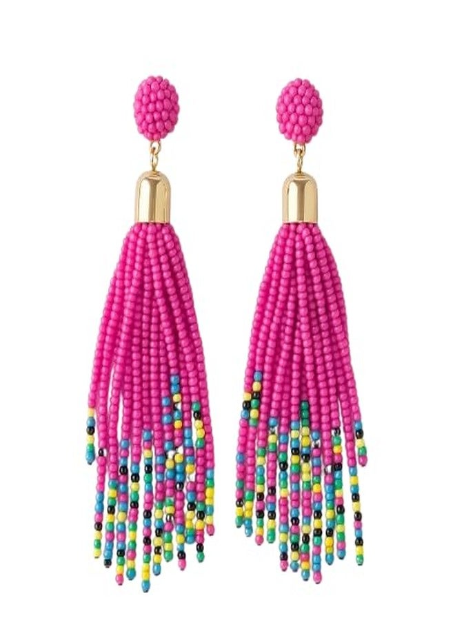 MADARKS Handmade Beaded Tassel Earrings for Women - Lightweight Boho Dangle Earrings with- Ethnic Fashion Jewelry (Pink) - Image 2