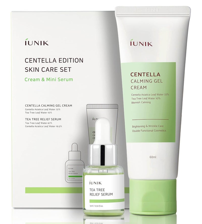 iUNIK Centella Edition Skincare Set Cream 202 floz  Mini Serum 051 floz  Centella Asiatica and Tea Tree Leaf Waters to Soothe Calm Moisturize and Protect the Skin