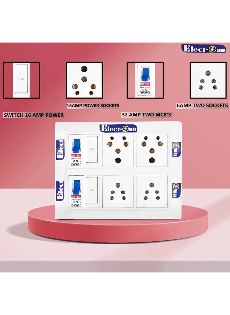 Electonn Premium Extension Board Heavy Duty Surge Protector Two 16Amp Sockets with Two 32Amp MCB Two 6Amp Sockets with Two 16 Amp Swithes 25mm Long Wire Cable Cord12Meter with 16Amp Power Plug