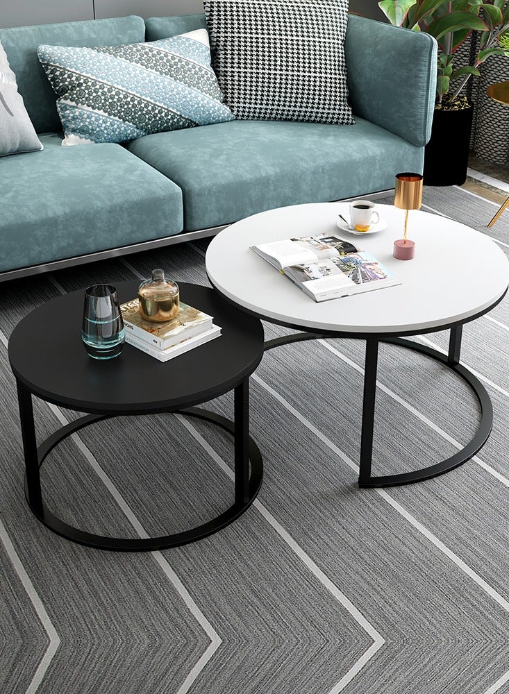 Generic Modern Nesting Coffee Tables, Round Black and White, Metal Frame, Set of 2 