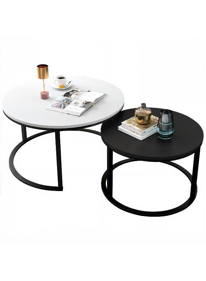 Nesting Coffee Table, Round Coffee Table Set of 2 for Living Room, Wooden End Table, 80*45cm+60*39cm/70*45cm+50*39cm, White+Black, Modern Style - Image 1