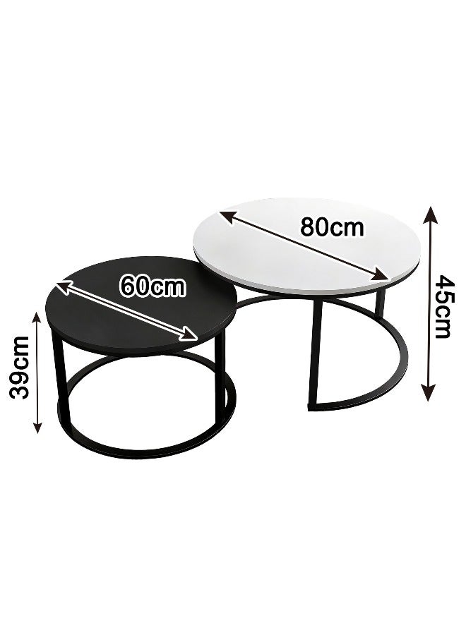 Nesting Coffee Table, Round Coffee Table Set of 2 for Living Room, Wooden End Table, 80*45cm+60*39cm/70*45cm+50*39cm, White+Black, Modern Style - Image 2