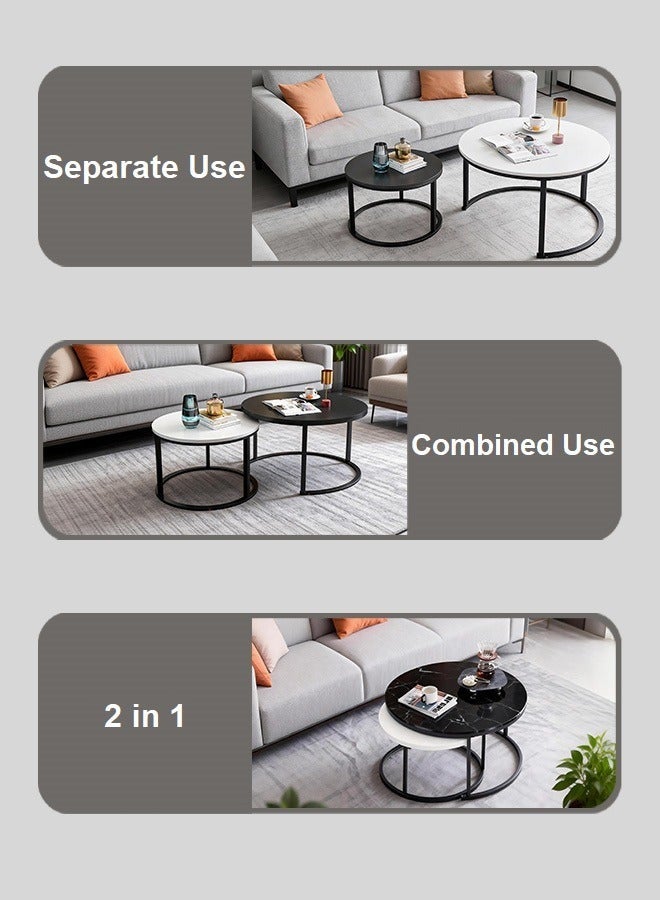 Nesting Coffee Table, Round Coffee Table Set of 2 for Living Room, Wooden End Table, 80*45cm+60*39cm/70*45cm+50*39cm, White+Black, Modern Style - Image 5