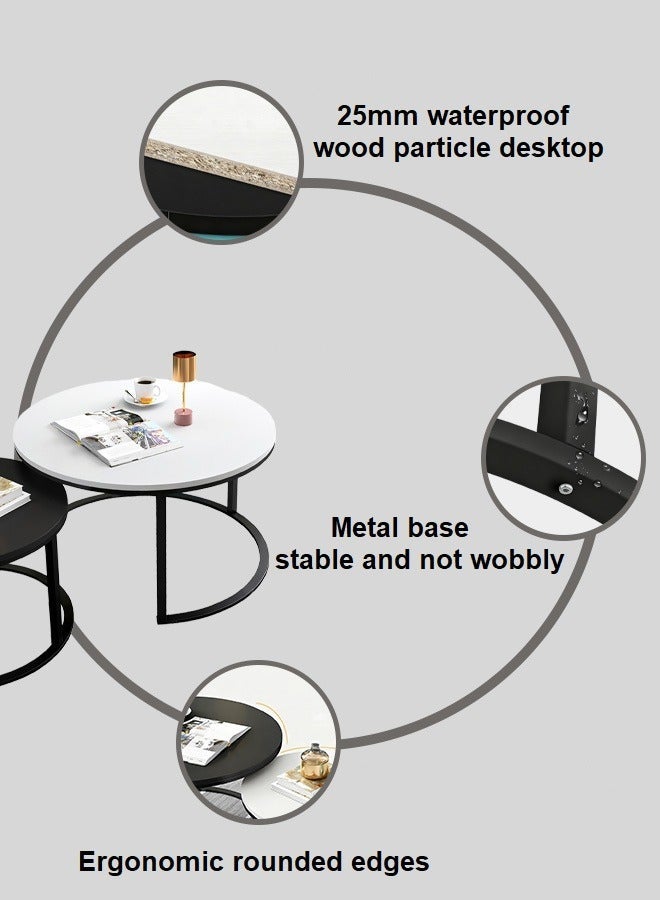 Nesting Coffee Table, Round Coffee Table Set of 2 for Living Room, Wooden End Table, 80*45cm+60*39cm/70*45cm+50*39cm, White+Black, Modern Style - Image 4