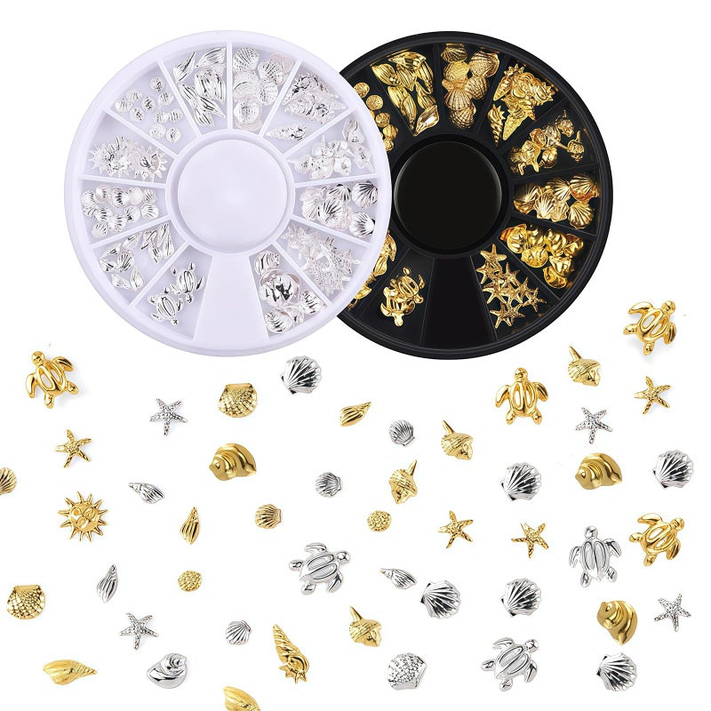 Pizadix 6 Boxes Summer Nail Art Rhinestones, 3D Ocean Theme Nail Charms Alloy Sliver Gold Beach Starfish Conch Seashell for Women Girls Nail Decorations DIY Craft Jewelry - Image 2