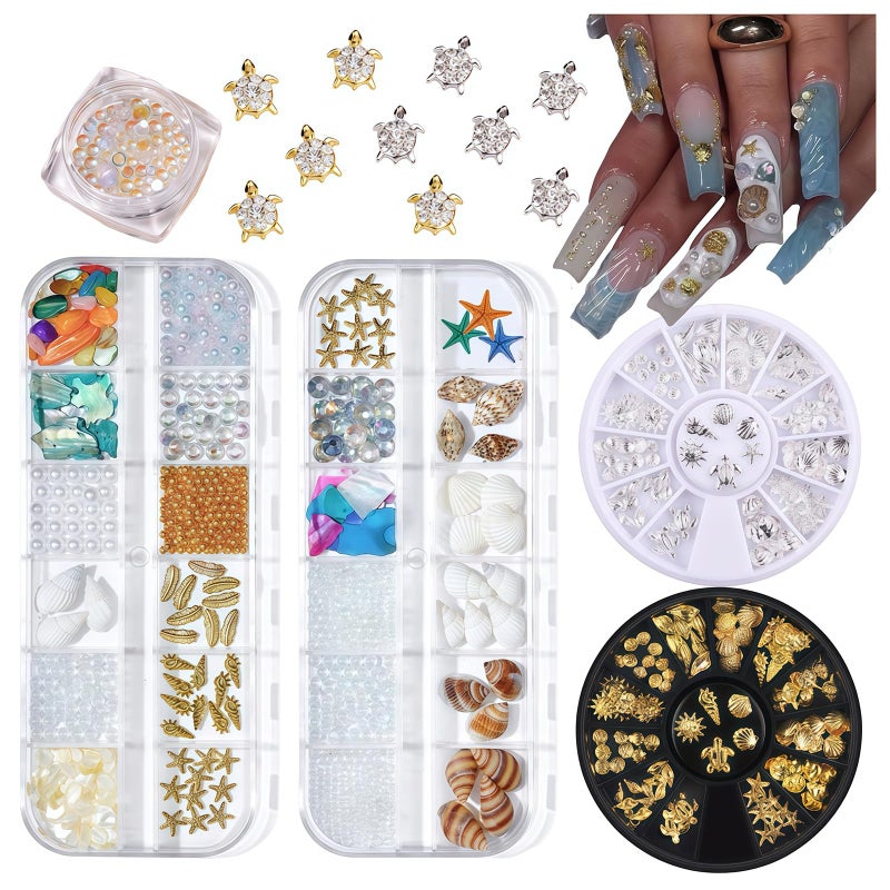Pizadix 6 Boxes Summer Nail Art Rhinestones, 3D Ocean Theme Nail Charms Alloy Sliver Gold Beach Starfish Conch Seashell for Women Girls Nail Decorations DIY Craft Jewelry - Image 1