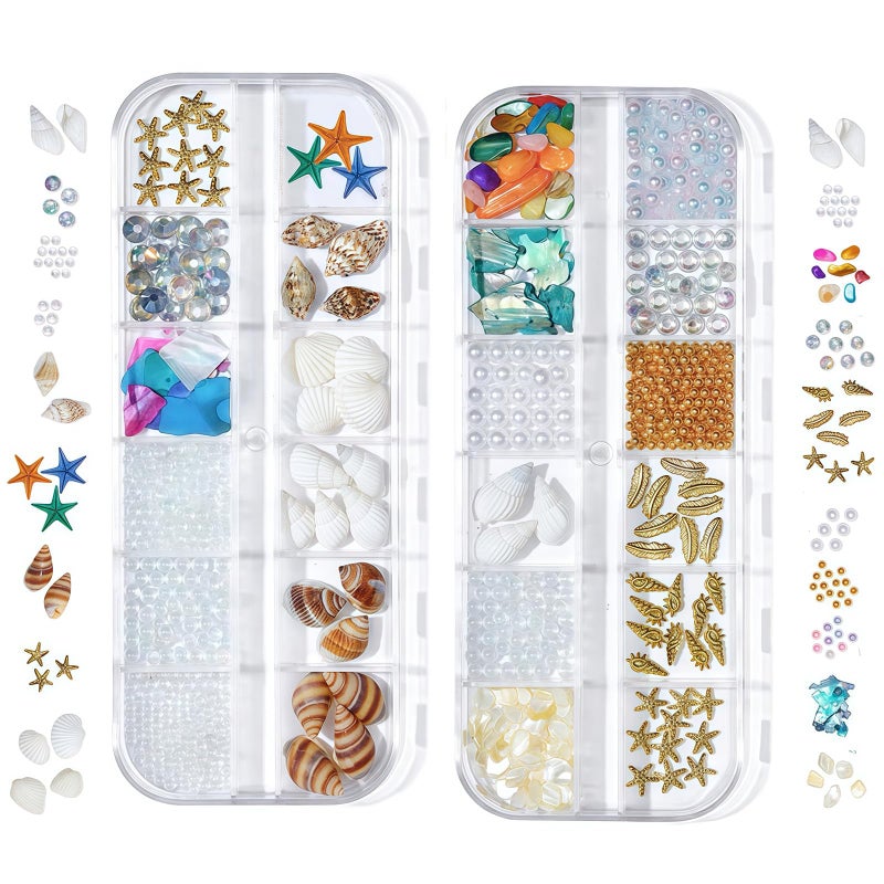Pizadix 6 Boxes Summer Nail Art Rhinestones, 3D Ocean Theme Nail Charms Alloy Sliver Gold Beach Starfish Conch Seashell for Women Girls Nail Decorations DIY Craft Jewelry - Image 3