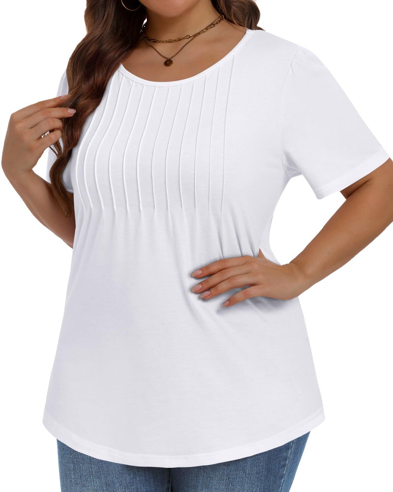 JOELLYUS Plus Size Tops for Women Pleated Summer Top Trendy Short Sleeve Shirts Casual Basic Tee Crew Neck Blouses (White, 3XL) - Image 2