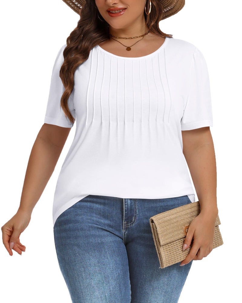 JOELLYUS Plus Size Tops for Women Pleated Summer Top Trendy Short Sleeve Shirts Casual Basic Tee Crew Neck Blouses (White, 3XL) - Image 3