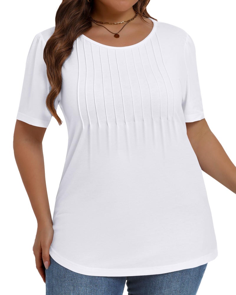 JOELLYUS Plus Size Tops for Women Pleated Summer Top Trendy Short Sleeve Shirts Casual Basic Tee Crew Neck Blouses (White, 3XL) - Image 5
