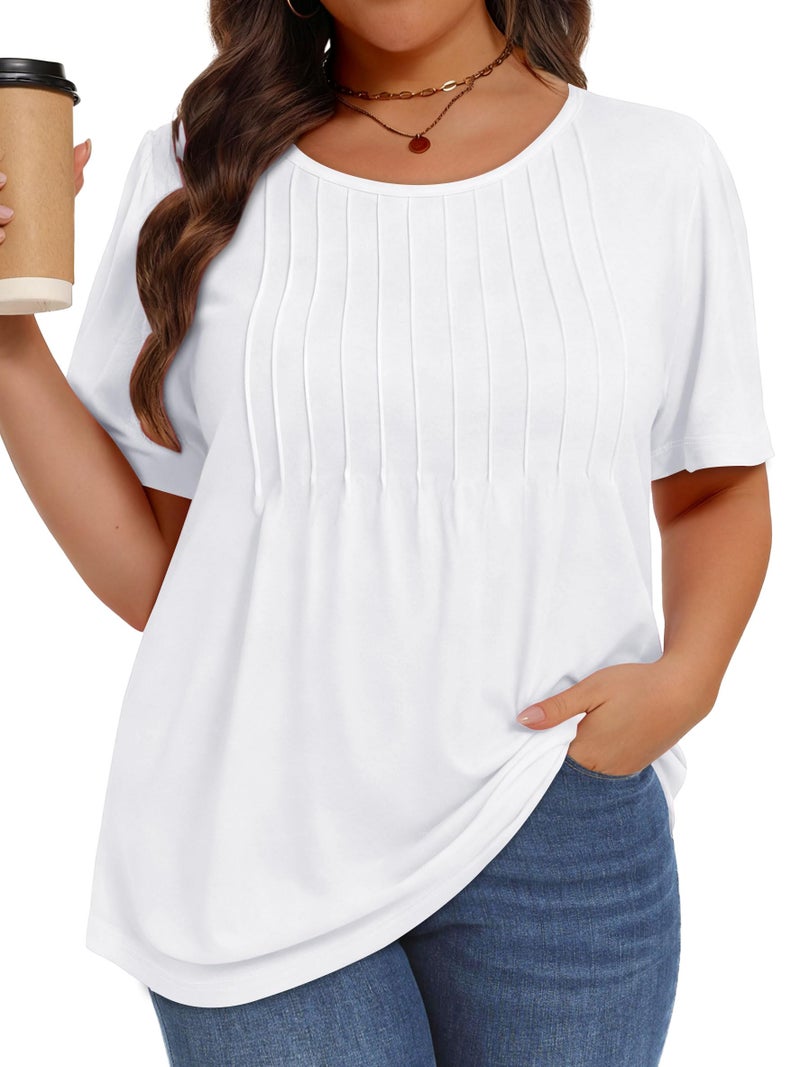 JOELLYUS Plus Size Tops for Women Pleated Summer Top Trendy Short Sleeve Shirts Casual Basic Tee Crew Neck Blouses (White, 3XL) - Image 1