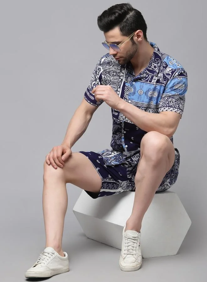 Take Two Men Blue Paisley Print Shirt and Shorts Co-ords By Rigo