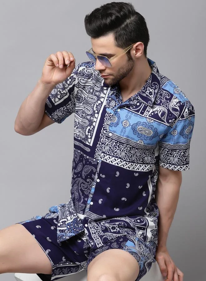 Take Two Men Blue Paisley Print Shirt and Shorts Co-ords By Rigo