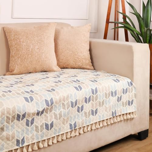 STITCHNEST 2 Seater Printed Quilted Velvet Sofa Slip Cover Protector with Tassels - Image 1