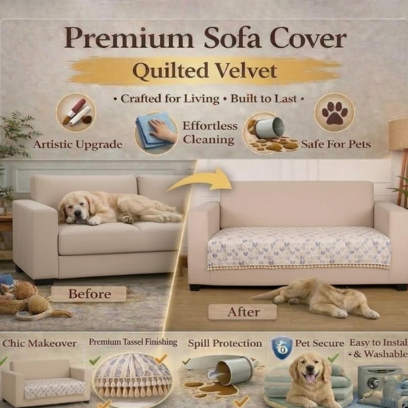 STITCHNEST 2 Seater Printed Quilted Velvet Sofa Slip Cover Protector with Tassels - Image 4