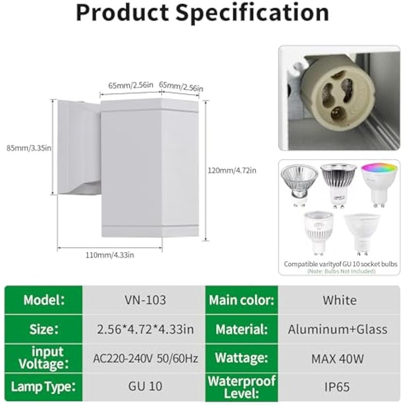 V.nice Outdoor Wall Light IP65 Waterproof Up Down Sconce, GU10 Holder Exterior Fixture for Garden Porch, No Bulb Included – Black/White, 2 Sizes - Image 2